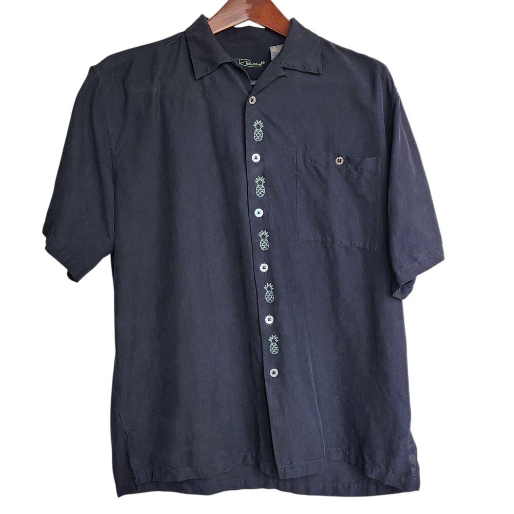 Tori Richard Men's Short Sleeve Shirt Large Black 100% Silk Pineapple Embroidery
